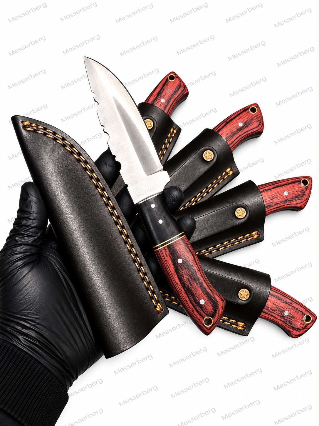 Outdoor-Messer mit Rot-Schwarzem Griff & Premium-Lederscheide