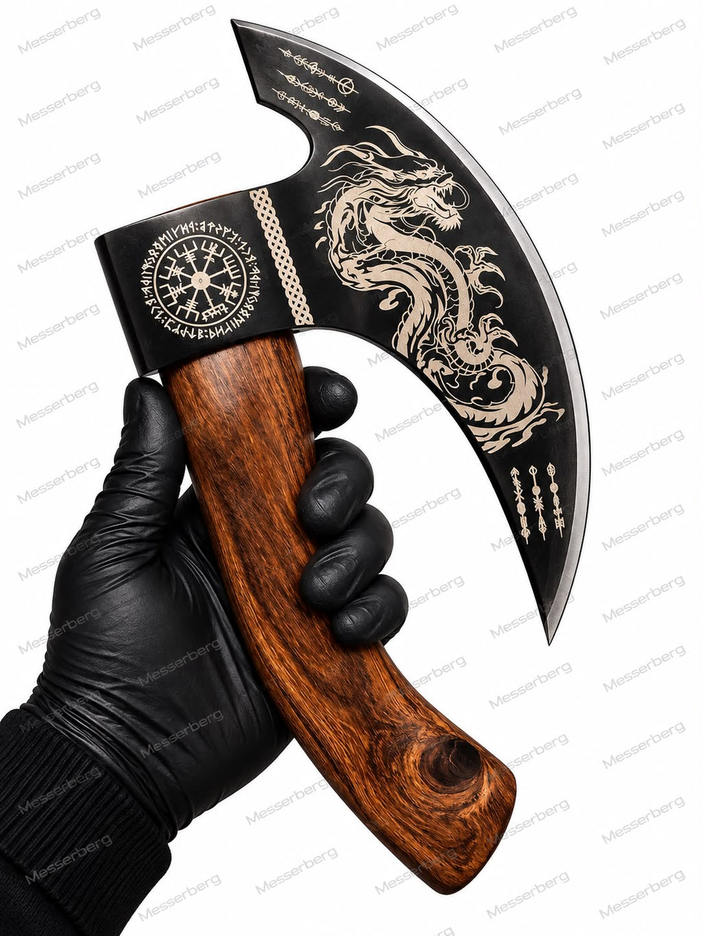 Viking-Axt mit Drachen-Gravur – Schwarze nordische Axt mit Holzgriff, Wikinger-Design & dekoratives Sammlerstück