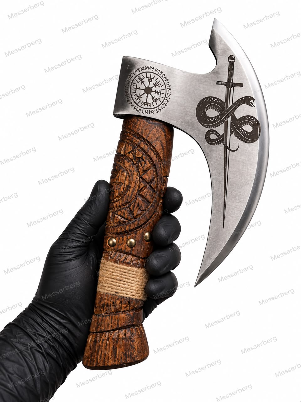 Wikinger-Kampfaxt – Nordische Axt mit Vegvisir & Schlangenmotiv