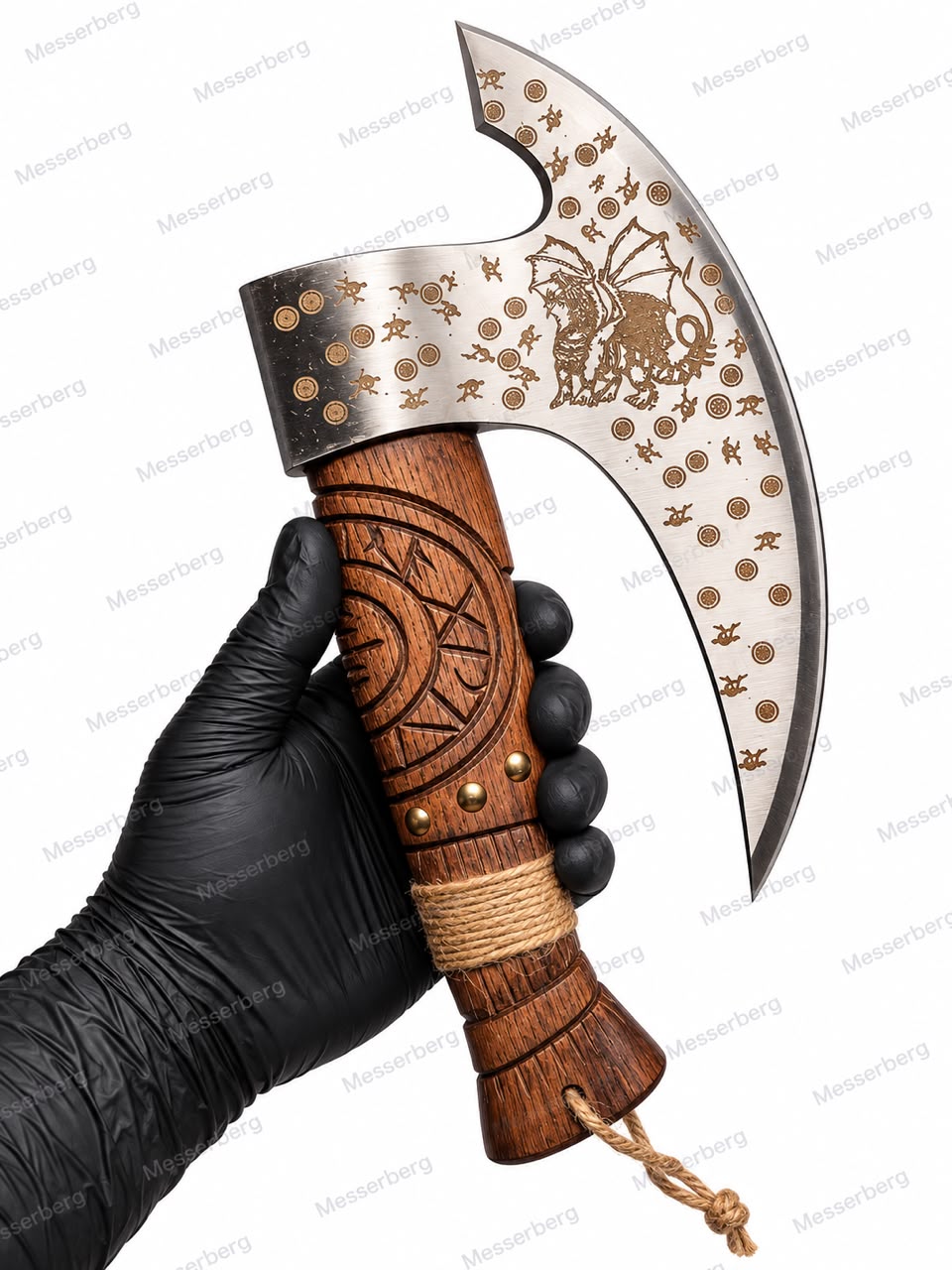 Handgefertigte Wikinger-Axt mit Drachen-Gravur & Leder-Scheide | Dekorative Sammler-Axt