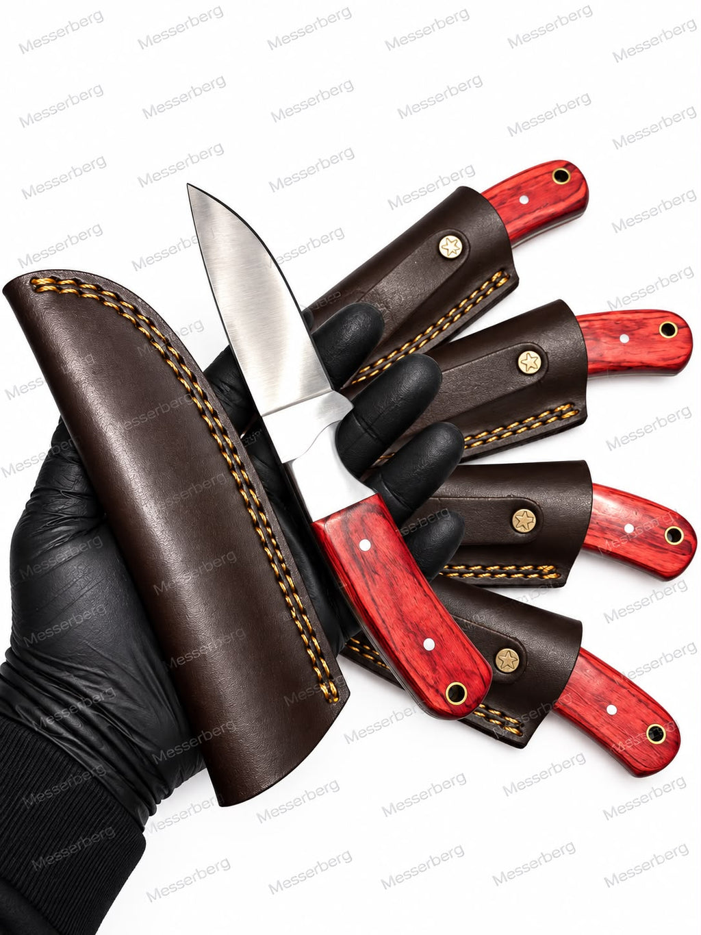 Outdoor-Messer mit rotem Holzgriff & Premium-Lederscheide