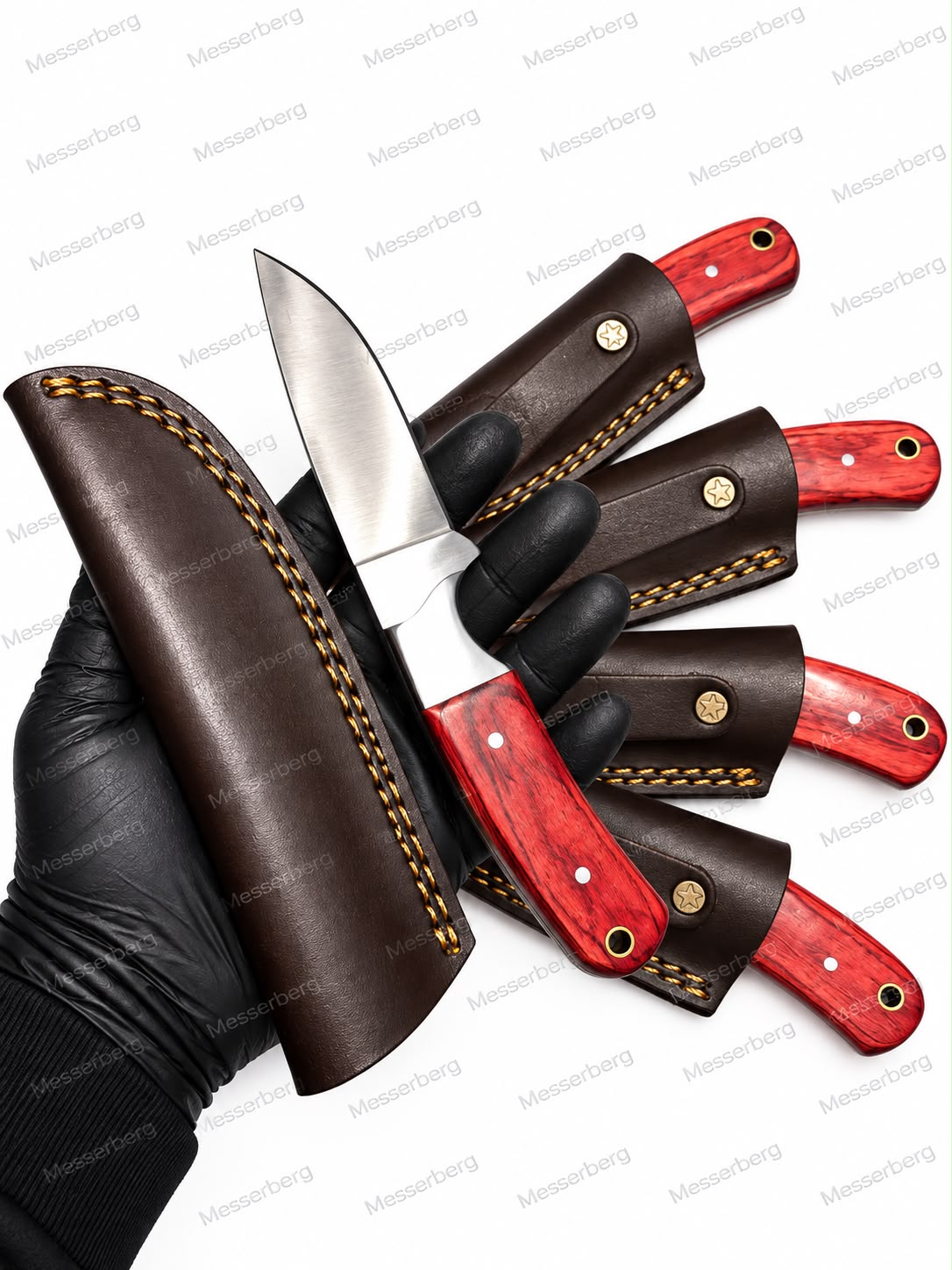 Outdoor-Messer mit rotem Holzgriff & Premium-Lederscheide