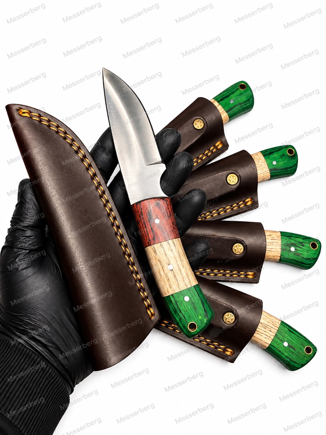Outdoor-Messer mit Grünem Griff & Premium-Lederscheide – Edles Design