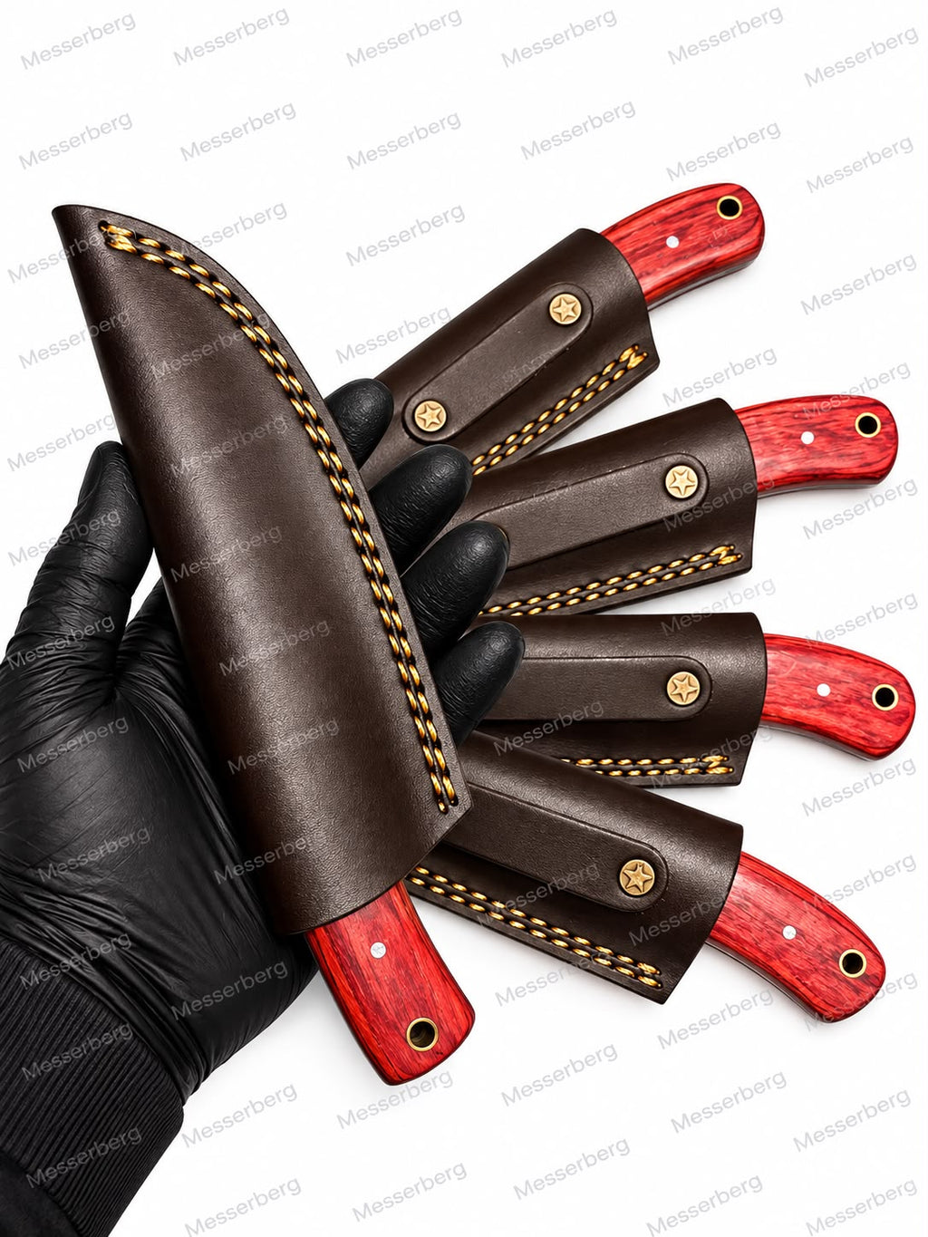Outdoor-Messer mit rotem Holzgriff & Premium-Lederscheide