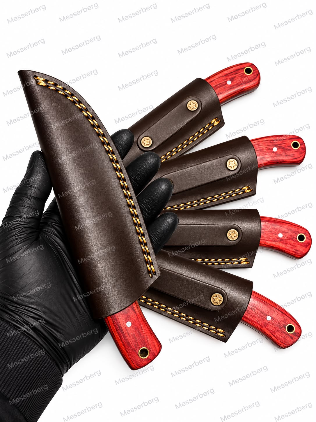 Outdoor-Messer mit rotem Holzgriff & Premium-Lederscheide